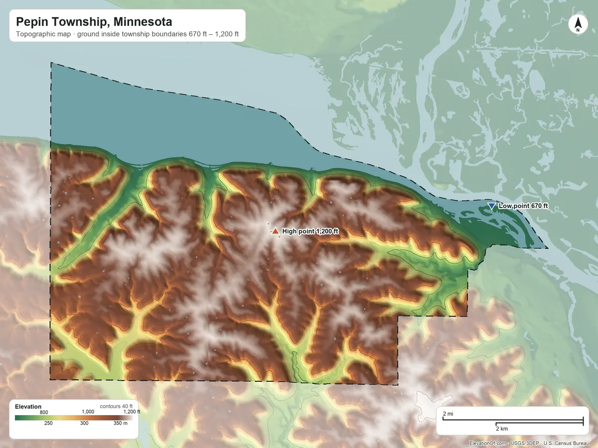 Topographic elevation map of Pepin Township, Minnesota, shaded from 670 ft on the east side to 1,200 ft near the middle