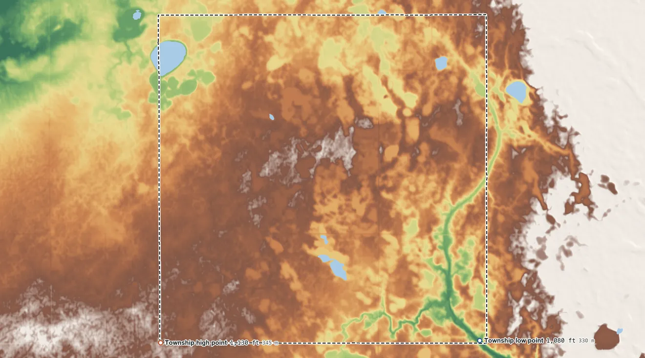 Topographic elevation map of Pepperton Township, Minnesota, shaded from 1,080 ft on the southeast side to 1,130 ft on the southwest side