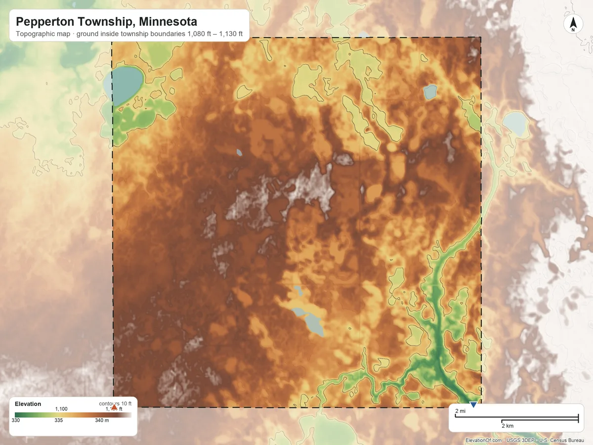 Topographic elevation map of Pepperton Township, Minnesota, shaded from 1,080 ft on the southeast side to 1,130 ft on the southwest side
