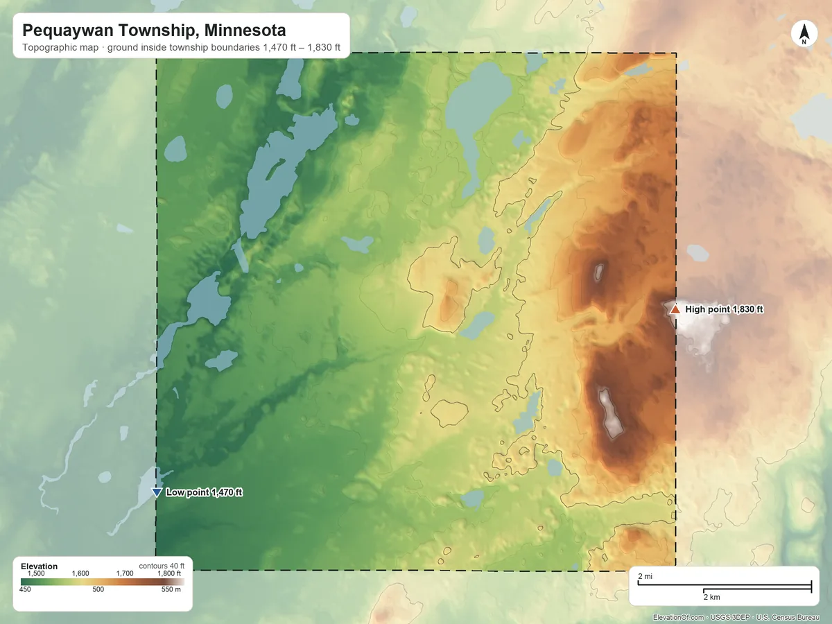 Topographic elevation map of Pequaywan Township, Minnesota, shaded from 1,470 ft on the south side to 1,830 ft on the east side