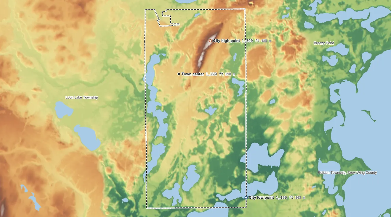 Topographic elevation map of Pequot Lakes, Minnesota, shaded from 1,190 ft on the southeast side to 1,390 ft on the northeast side