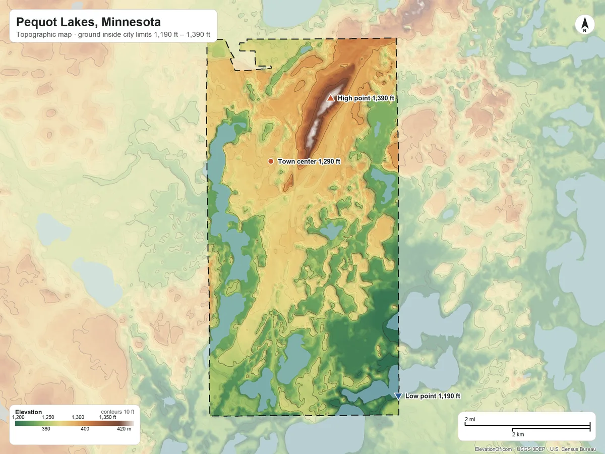 Topographic elevation map of Pequot Lakes, Minnesota, shaded from 1,190 ft on the southeast side to 1,390 ft on the northeast side