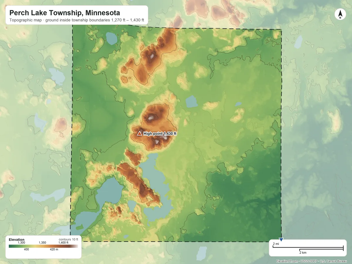 Topographic elevation map of Perch Lake Township, Minnesota, shaded from 1,270 ft on the southeast side to 1,430 ft on the northwest side