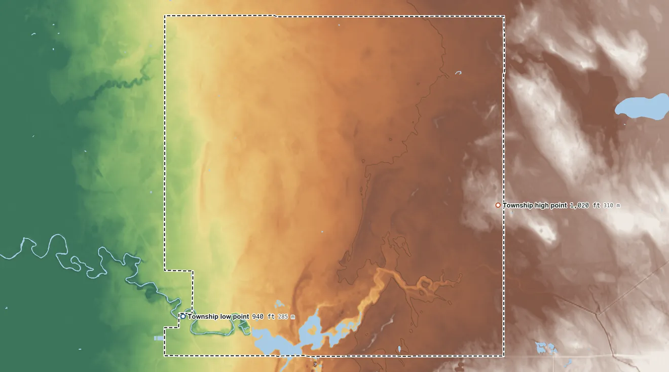 Topographic elevation map of Percy Township, Minnesota, shaded from 940 ft on the southwest side to 1,020 ft on the east side