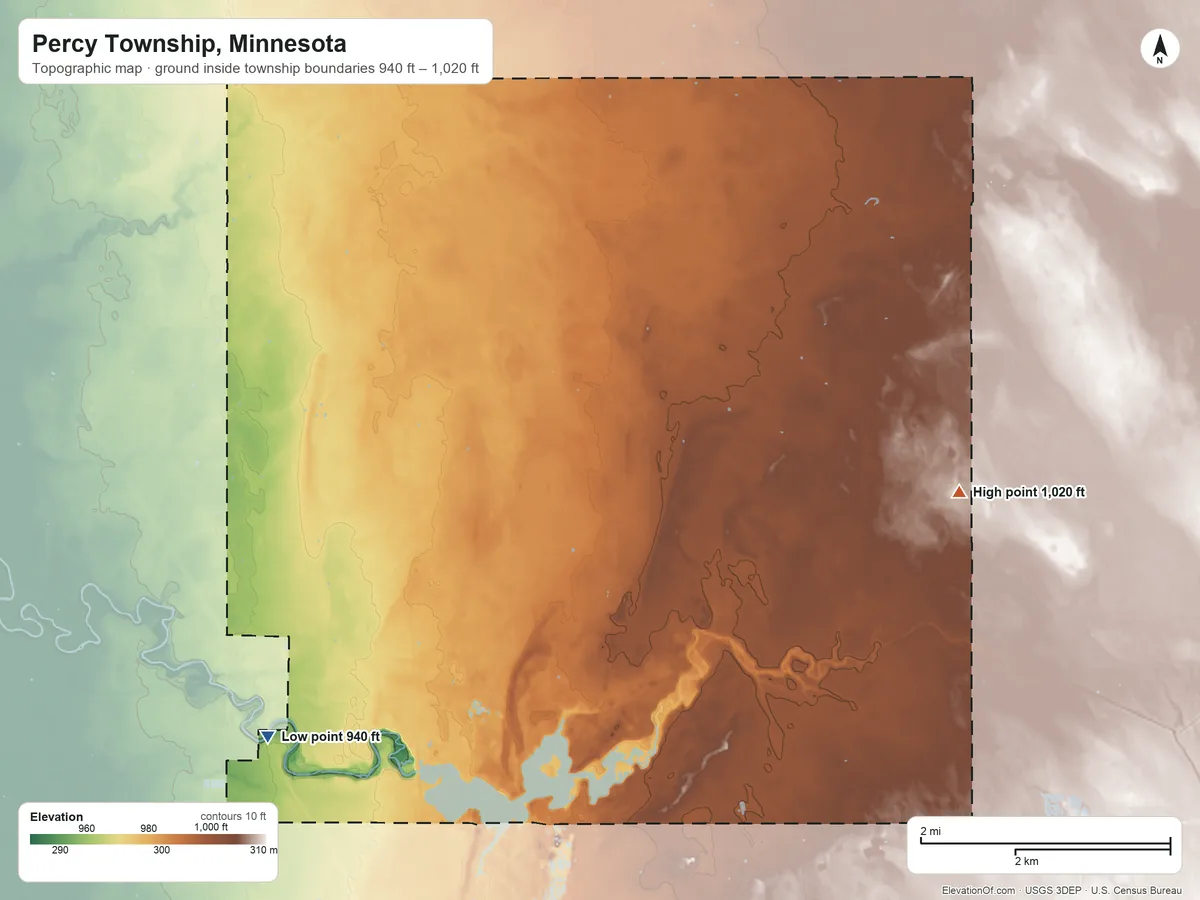 Topographic elevation map of Percy Township, Minnesota, shaded from 940 ft on the southwest side to 1,020 ft on the east side