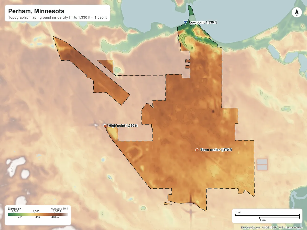 Topographic elevation map of Perham, Minnesota, shaded from 1,330 ft on the north side to 1,390 ft on the west side
