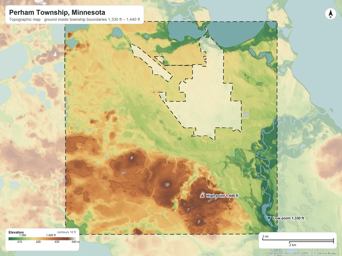 Topographic elevation map of Perham Township, Minnesota, shaded from 1,330 ft on the southeast side to 1,440 ft on the south side