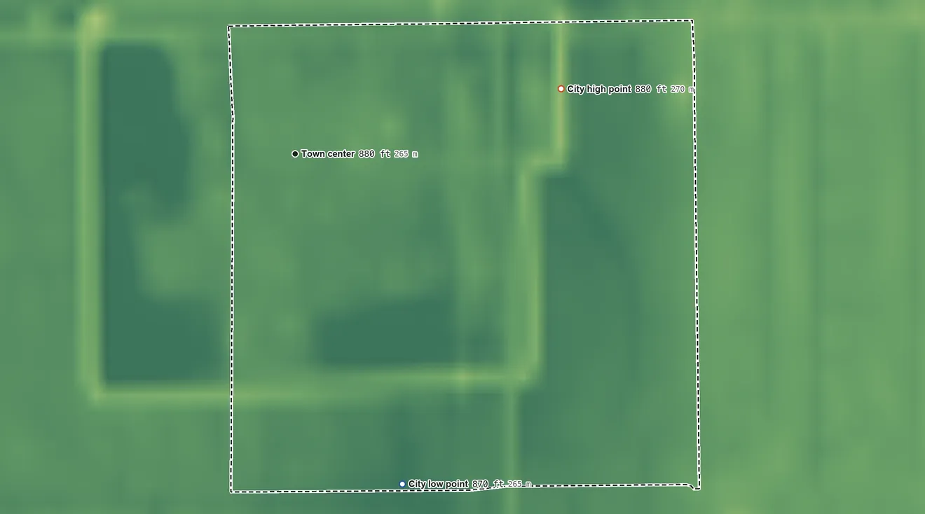 Topographic elevation map of Perley, Minnesota, shaded from 870 ft on the south side to 880 ft on the east side