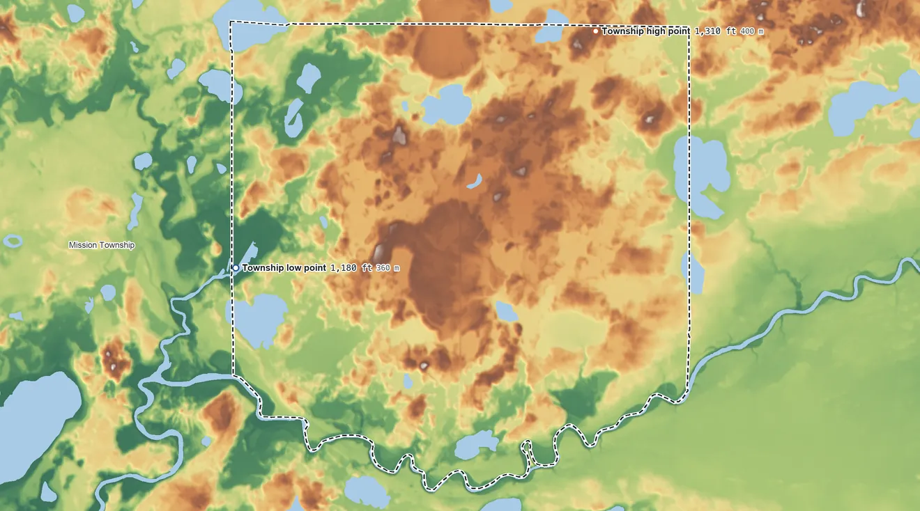Topographic elevation map of Perry Lake Township, Minnesota, shaded from 1,180 ft on the west side to 1,310 ft on the northeast side