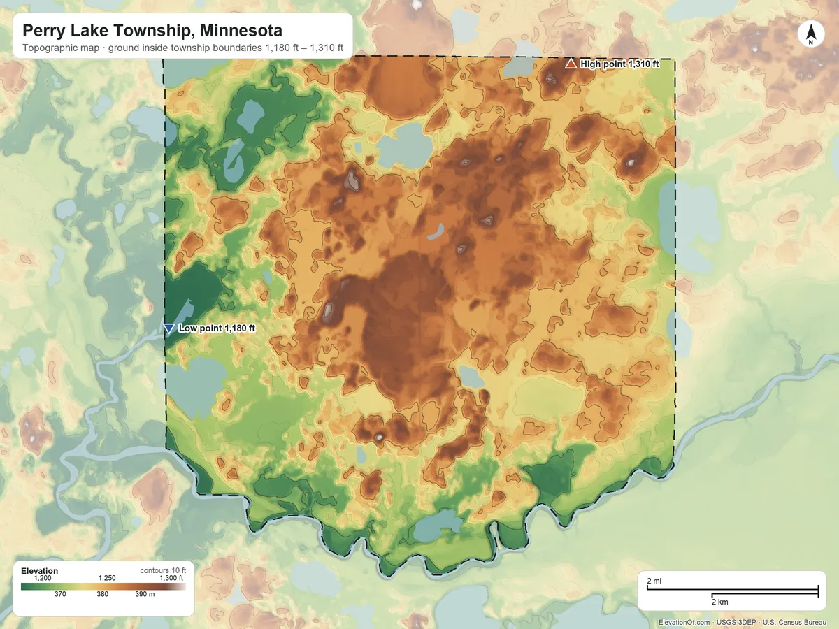 Topographic elevation map of Perry Lake Township, Minnesota, shaded from 1,180 ft on the west side to 1,310 ft on the northeast side