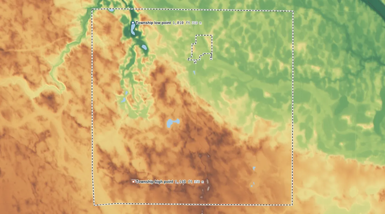 Topographic elevation map of Perry Township, Minnesota, shaded from 1,010 ft on the northwest side to 1,140 ft on the southwest side