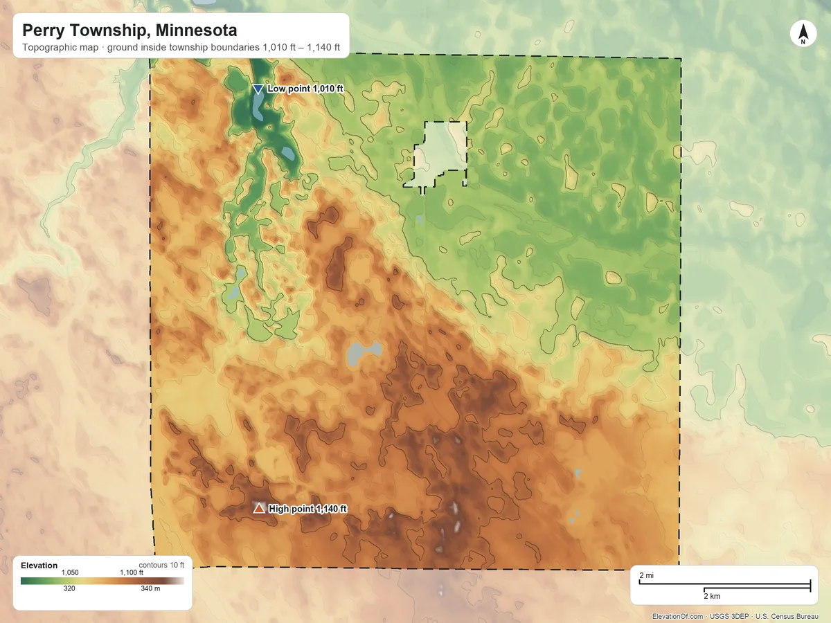 Topographic elevation map of Perry Township, Minnesota, shaded from 1,010 ft on the northwest side to 1,140 ft on the southwest side