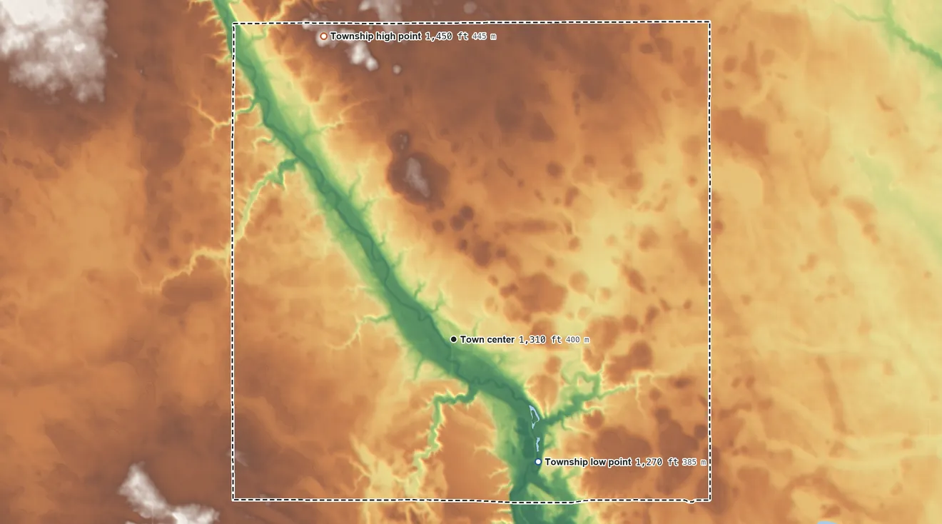 Topographic elevation map of Petersburg Township, Minnesota, shaded from 1,270 ft on the southeast side to 1,450 ft on the northwest side