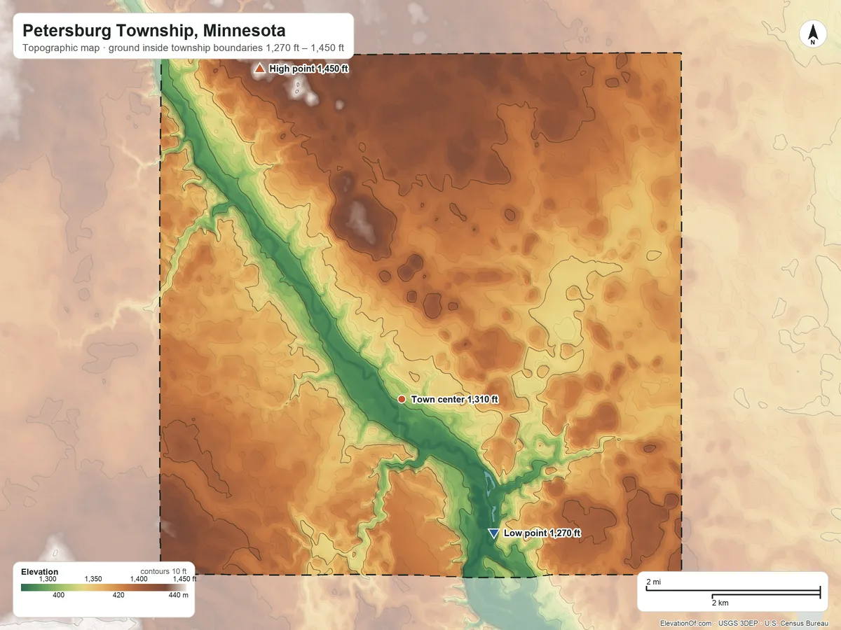 Topographic elevation map of Petersburg Township, Minnesota, shaded from 1,270 ft on the southeast side to 1,450 ft on the northwest side