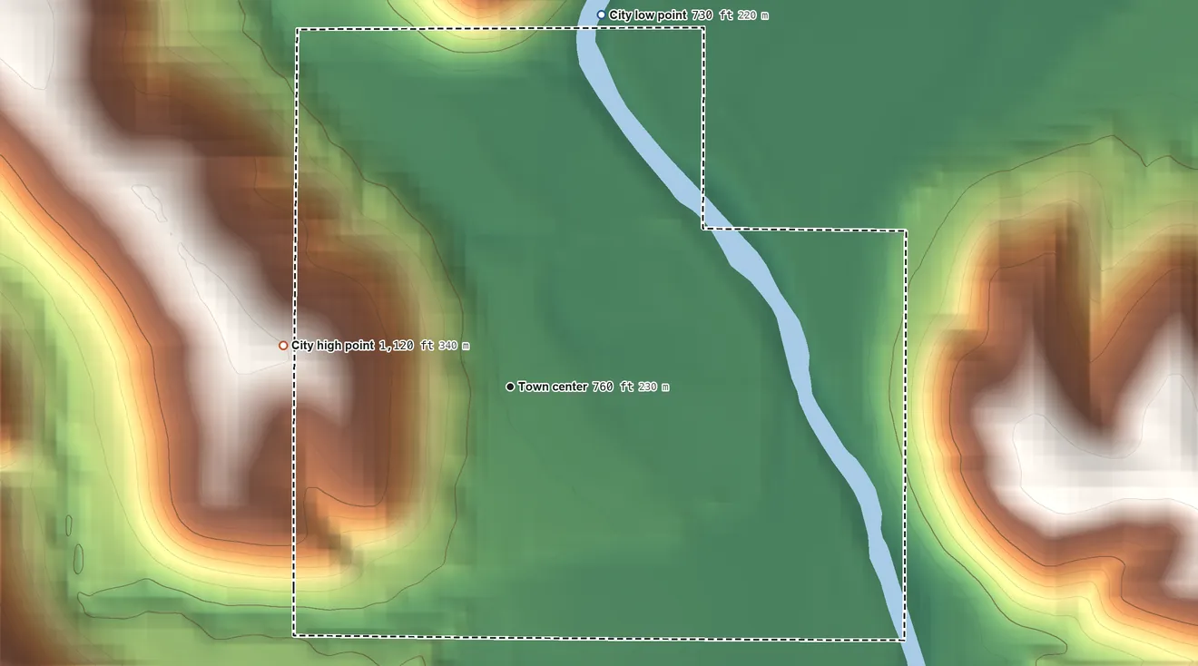 Topographic elevation map of Peterson, Minnesota, shaded from 730 ft on the north side to 1,120 ft on the west side