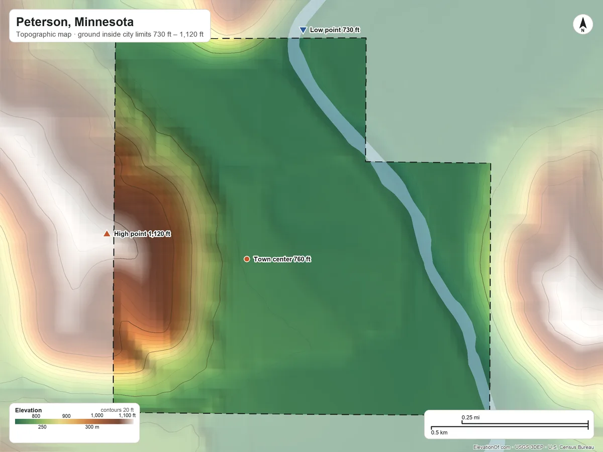 Topographic elevation map of Peterson, Minnesota, shaded from 730 ft on the north side to 1,120 ft on the west side