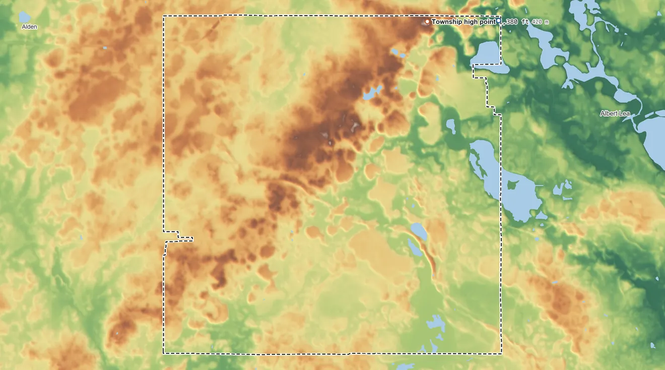 Topographic elevation map of Pickerel Lake Township, Minnesota, shaded from 1,220 ft on the northeast side to 1,380 ft on the northeast side