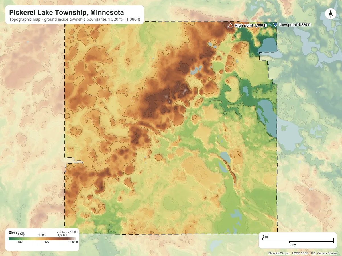 Topographic elevation map of Pickerel Lake Township, Minnesota, shaded from 1,220 ft on the northeast side to 1,380 ft on the northeast side