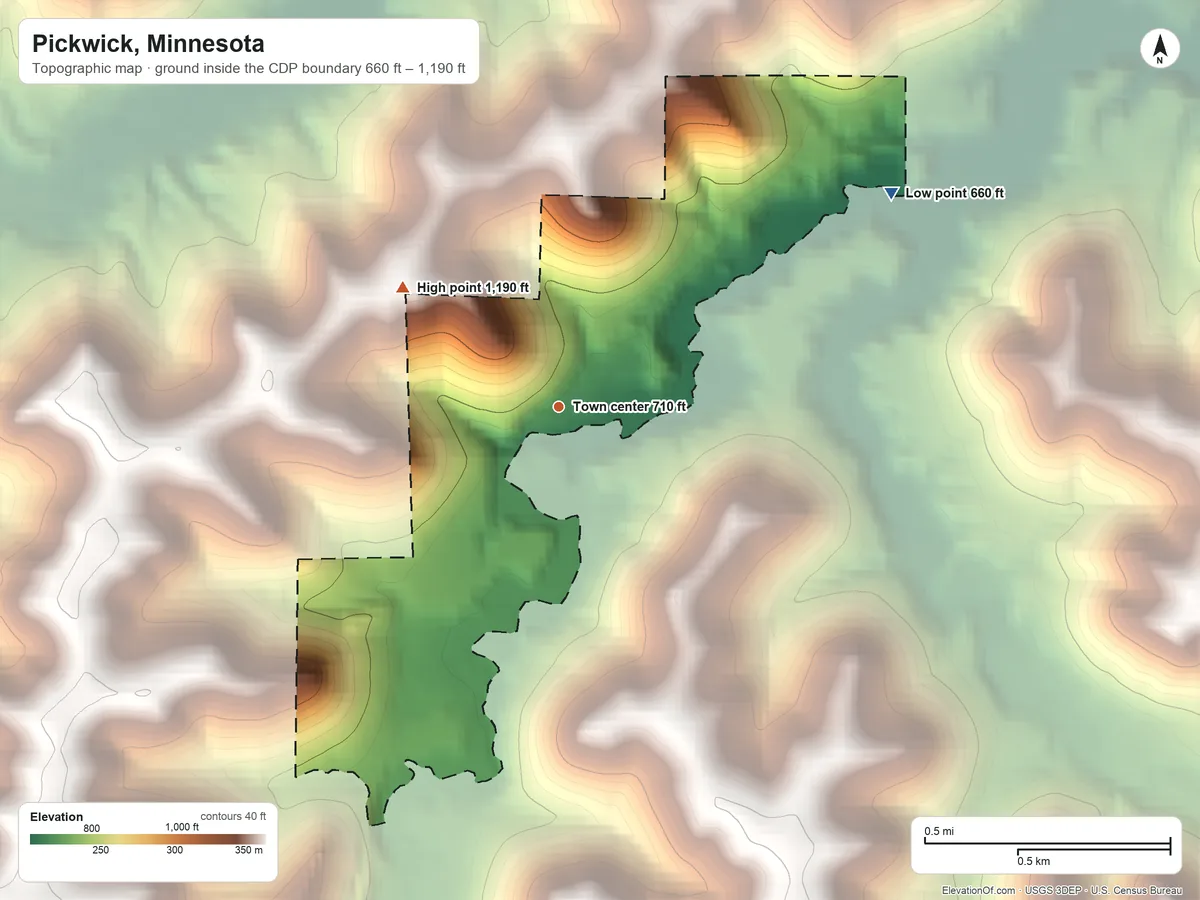 Topographic elevation map of Pickwick, Minnesota, shaded from 660 ft on the northeast side to 1,190 ft on the northwest side