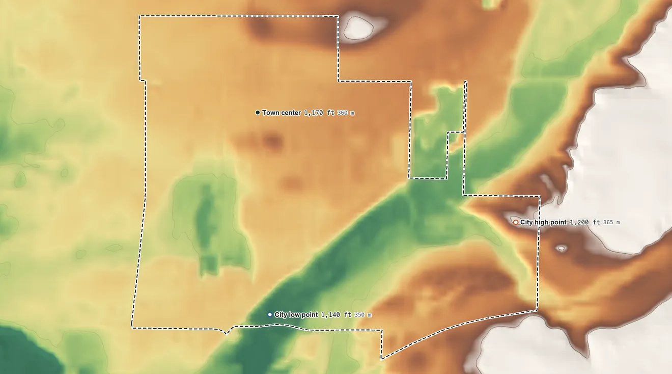 Topographic elevation map of Pierz, Minnesota, shaded from 1,140 ft on the south side to 1,200 ft on the southeast side