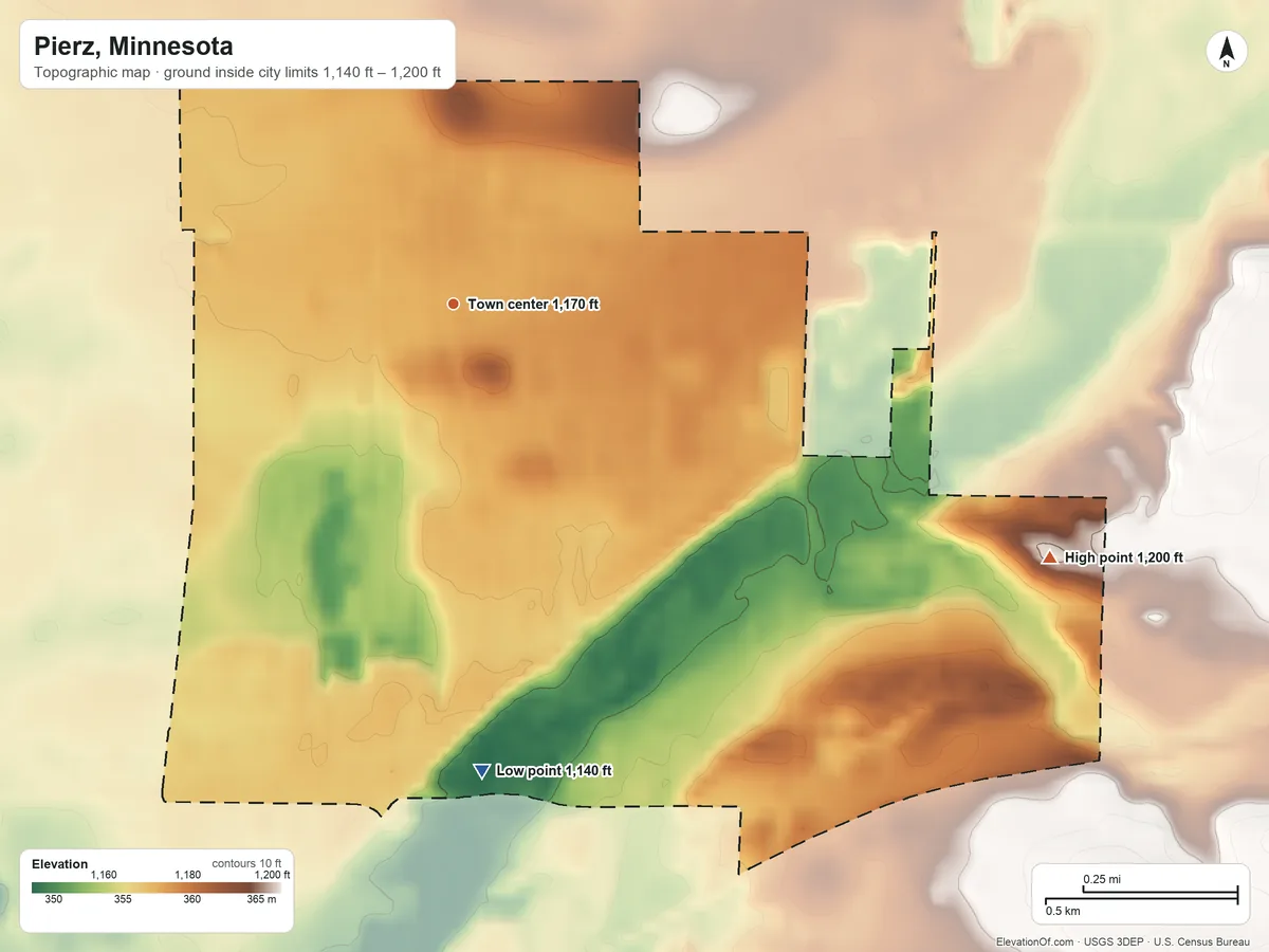 Topographic elevation map of Pierz, Minnesota, shaded from 1,140 ft on the south side to 1,200 ft on the southeast side