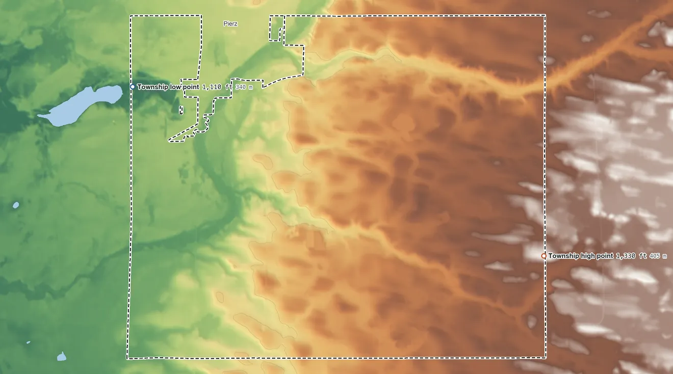 Topographic elevation map of Pierz Township, Minnesota, shaded from 1,110 ft on the northwest side to 1,330 ft on the east side