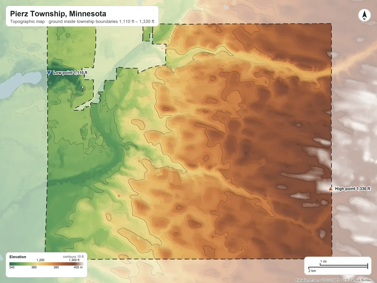 Topographic elevation map of Pierz Township, Minnesota, shaded from 1,110 ft on the northwest side to 1,330 ft on the east side