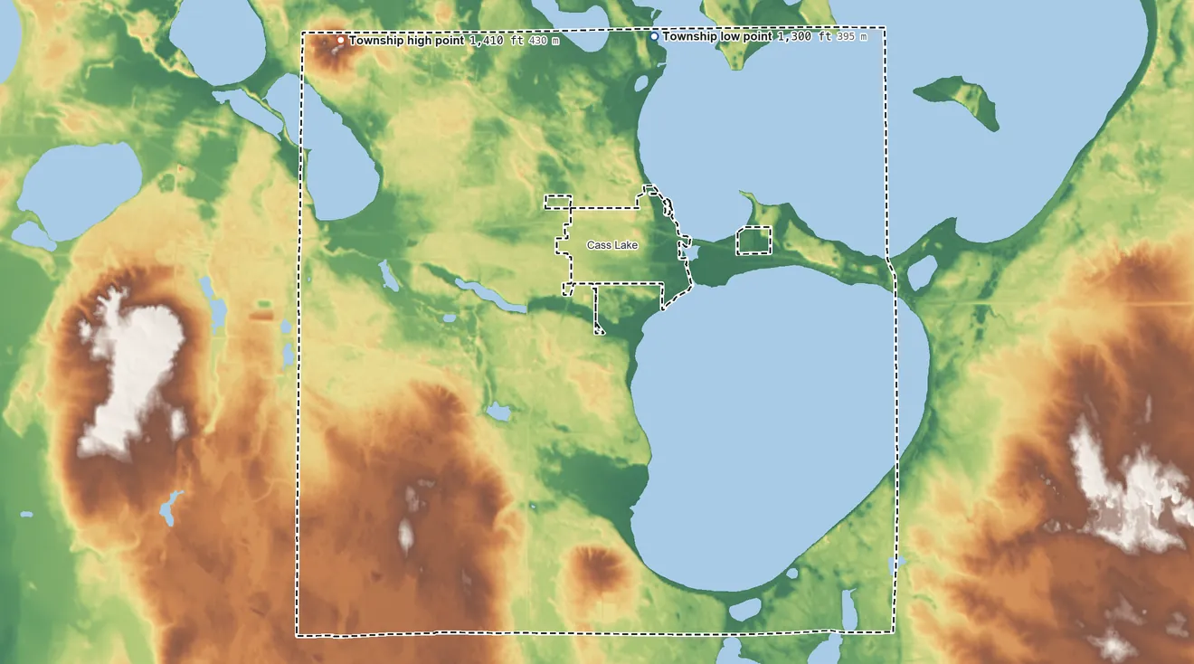 Topographic elevation map of Pike Bay Township, Minnesota, shaded from 1,300 ft on the northeast side to 1,410 ft on the northwest side
