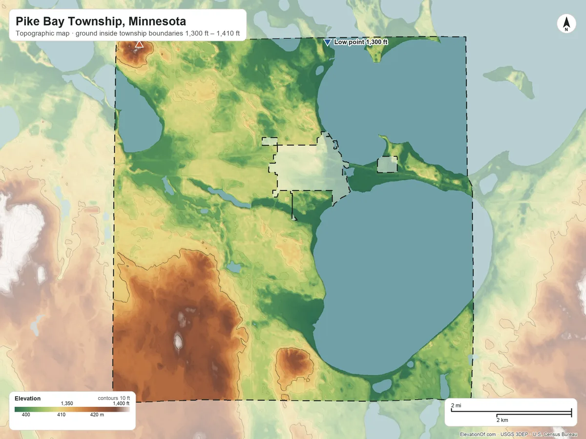 Topographic elevation map of Pike Bay Township, Minnesota, shaded from 1,300 ft on the northeast side to 1,410 ft on the northwest side