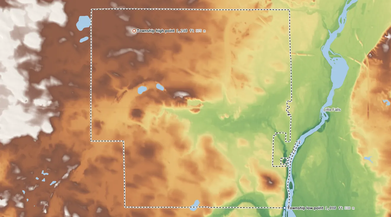 Topographic elevation map of Pike Creek Township, Minnesota, shaded from 1,080 ft on the southeast side to 1,240 ft on the northwest side