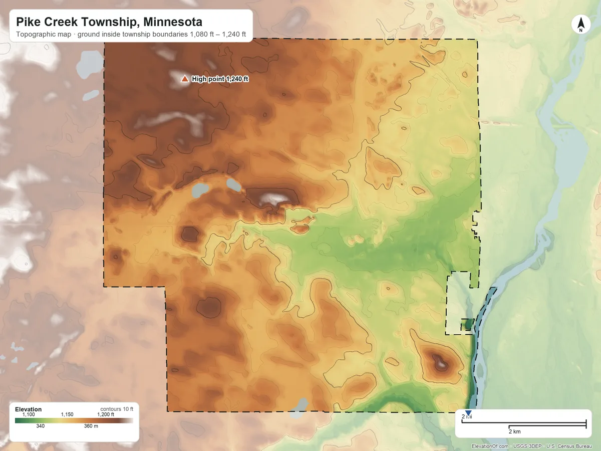 Topographic elevation map of Pike Creek Township, Minnesota, shaded from 1,080 ft on the southeast side to 1,240 ft on the northwest side