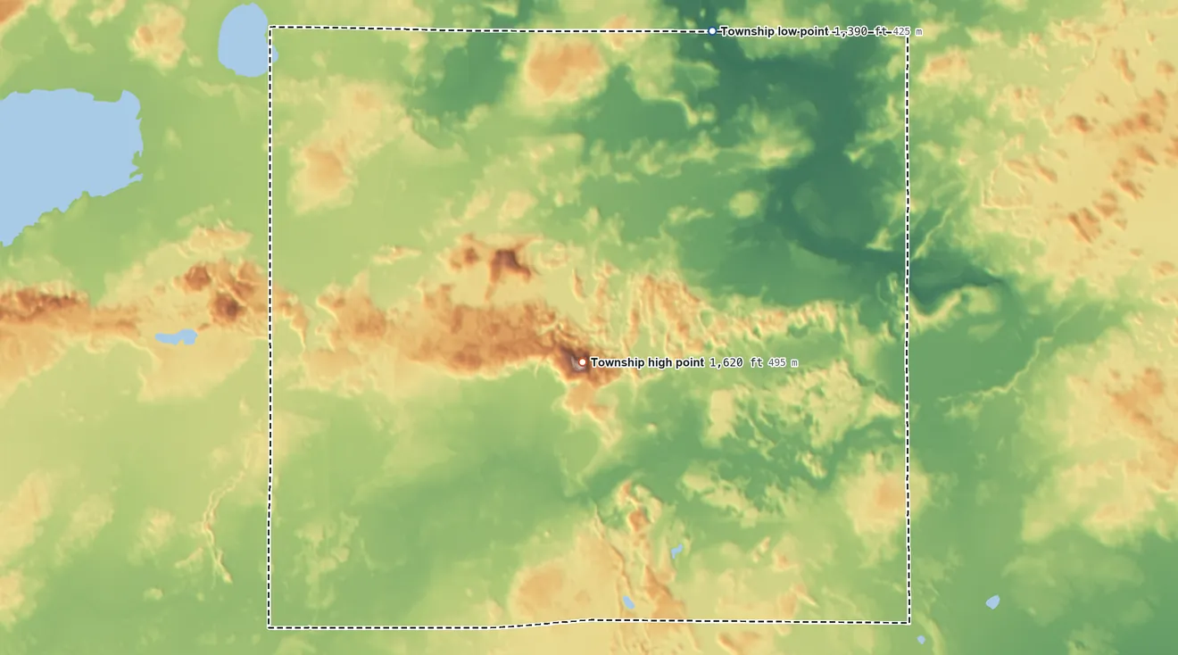 Topographic elevation map of Pike Township, Minnesota, shaded from 1,390 ft on the north side to 1,620 ft on the north side