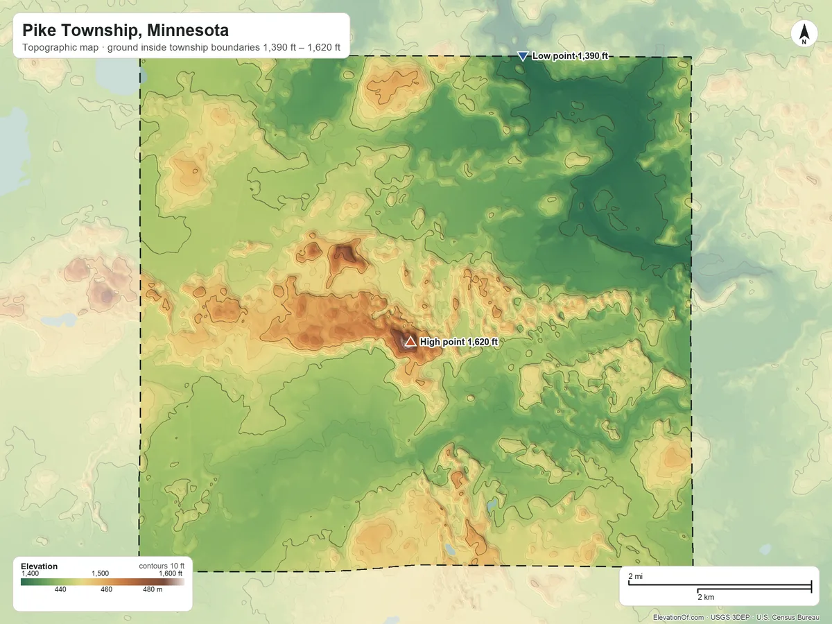 Topographic elevation map of Pike Township, Minnesota, shaded from 1,390 ft on the north side to 1,620 ft on the north side