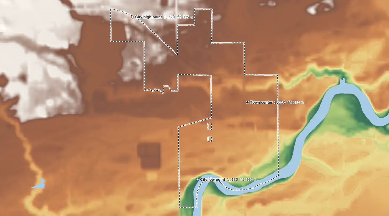 Topographic elevation map of Pillager, Minnesota, shaded from 1,180 ft on the southwest side to 1,220 ft on the northwest side