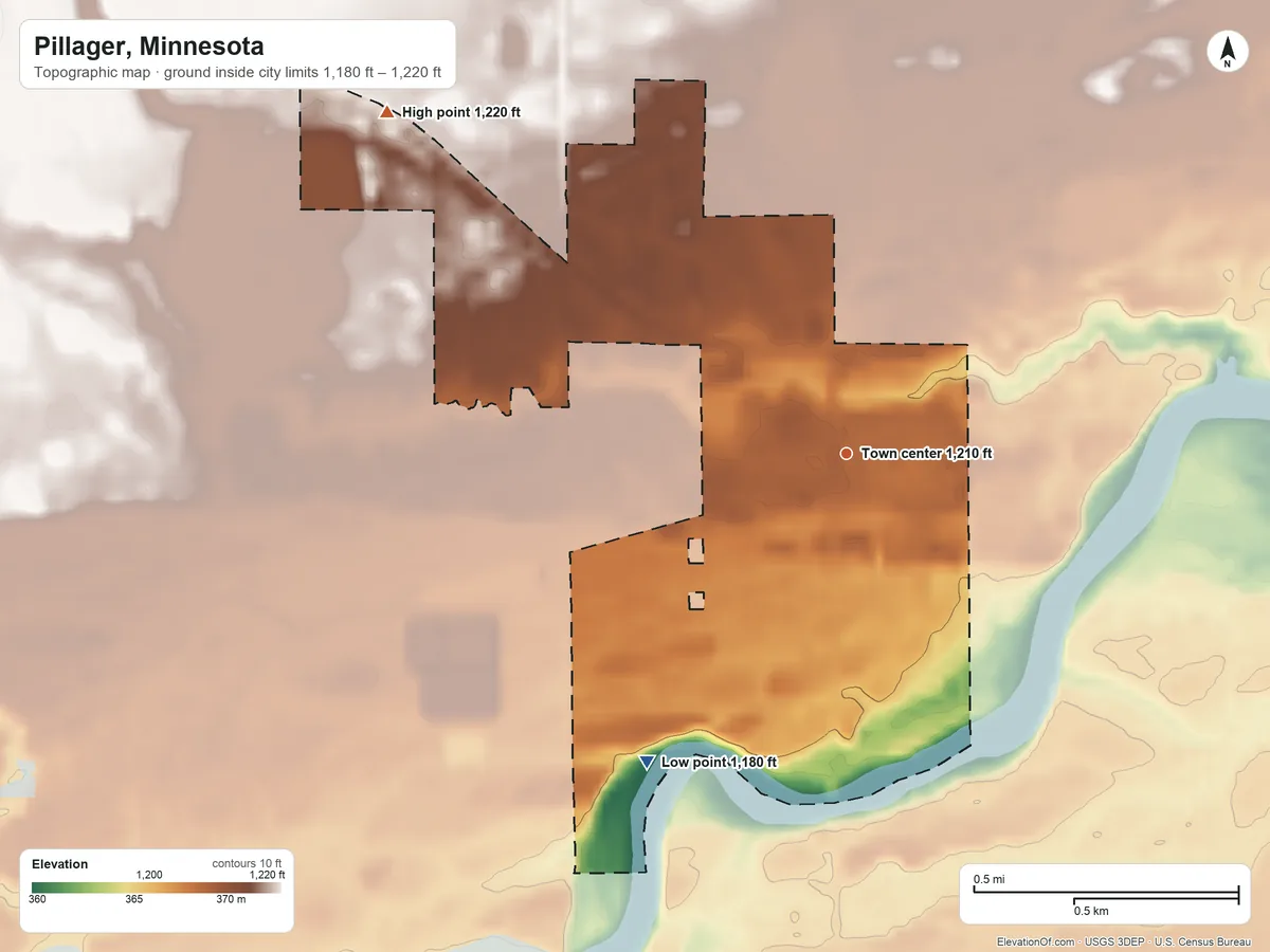 Topographic elevation map of Pillager, Minnesota, shaded from 1,180 ft on the southwest side to 1,220 ft on the northwest side