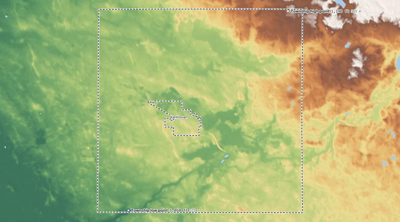 Topographic elevation map of Pillsbury Township, Minnesota, shaded from 1,060 ft on the southwest side to 1,190 ft on the northeast side