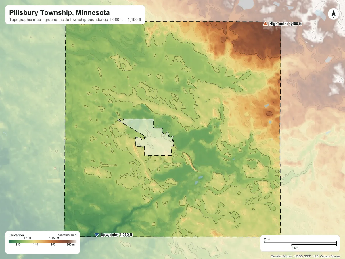 Topographic elevation map of Pillsbury Township, Minnesota, shaded from 1,060 ft on the southwest side to 1,190 ft on the northeast side