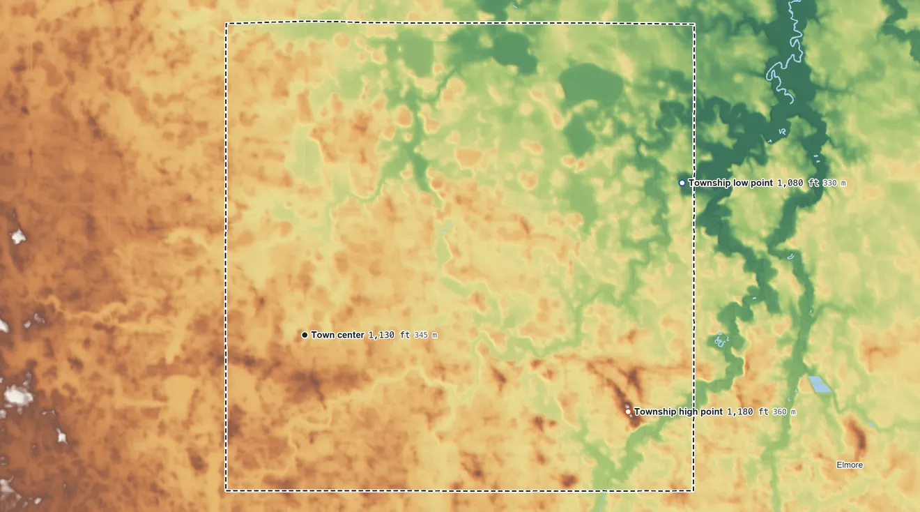 Topographic elevation map of Pilot Grove Township, Minnesota, shaded from 1,080 ft on the east side to 1,180 ft on the east side
