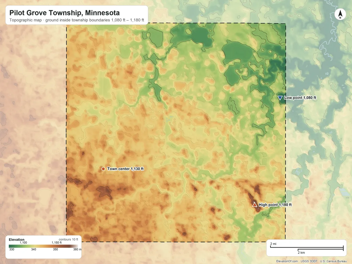 Topographic elevation map of Pilot Grove Township, Minnesota, shaded from 1,080 ft on the east side to 1,180 ft on the east side