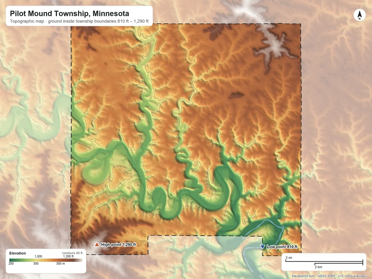 Topographic elevation map of Pilot Mound Township, Minnesota, shaded from 810 ft on the southeast side to 1,290 ft on the southwest side