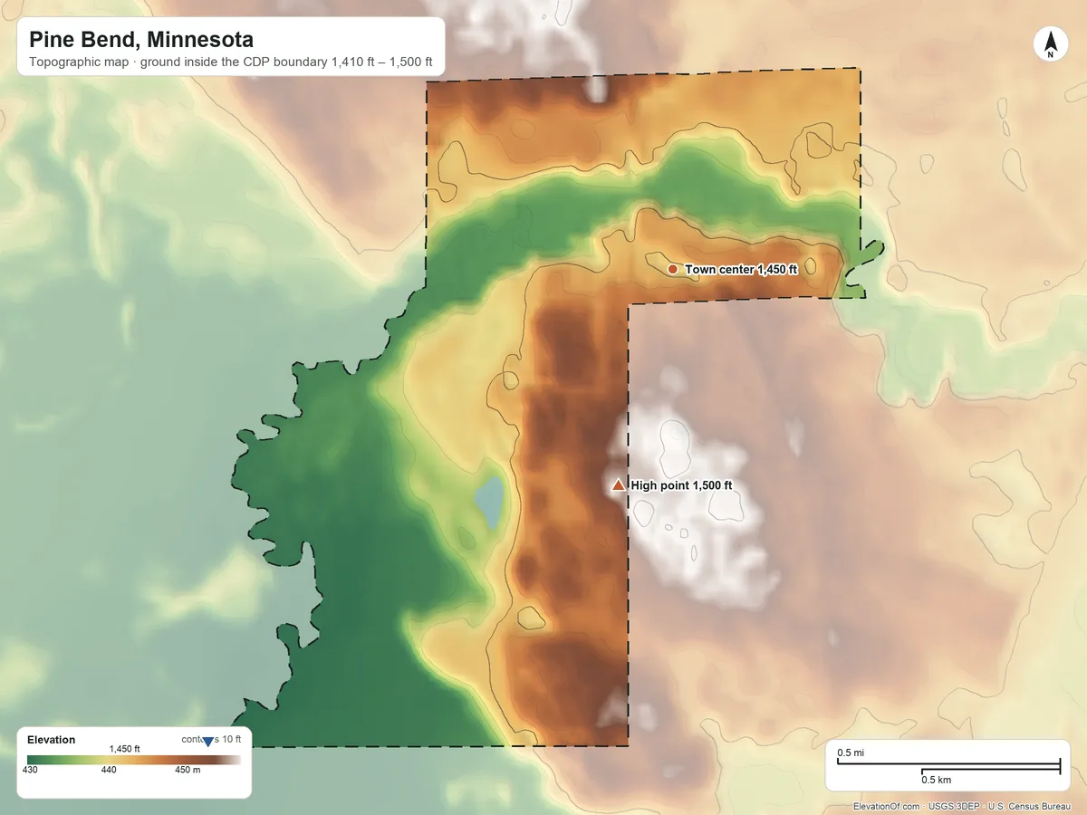 Topographic elevation map of Pine Bend, Minnesota, shaded from 1,410 ft on the southwest side to 1,500 ft on the south side