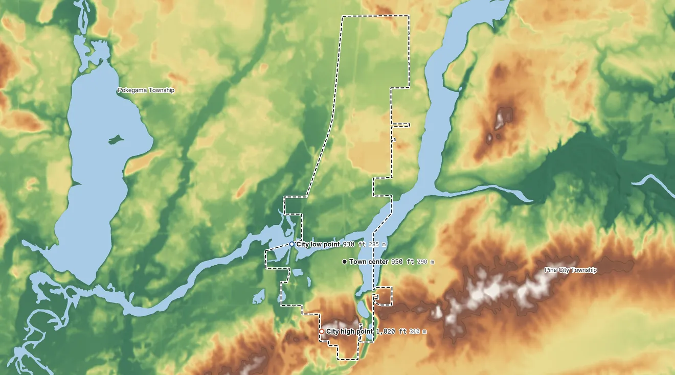 Topographic elevation map of Pine City, Minnesota, shaded from 930 ft on the west side to 1,020 ft on the south side