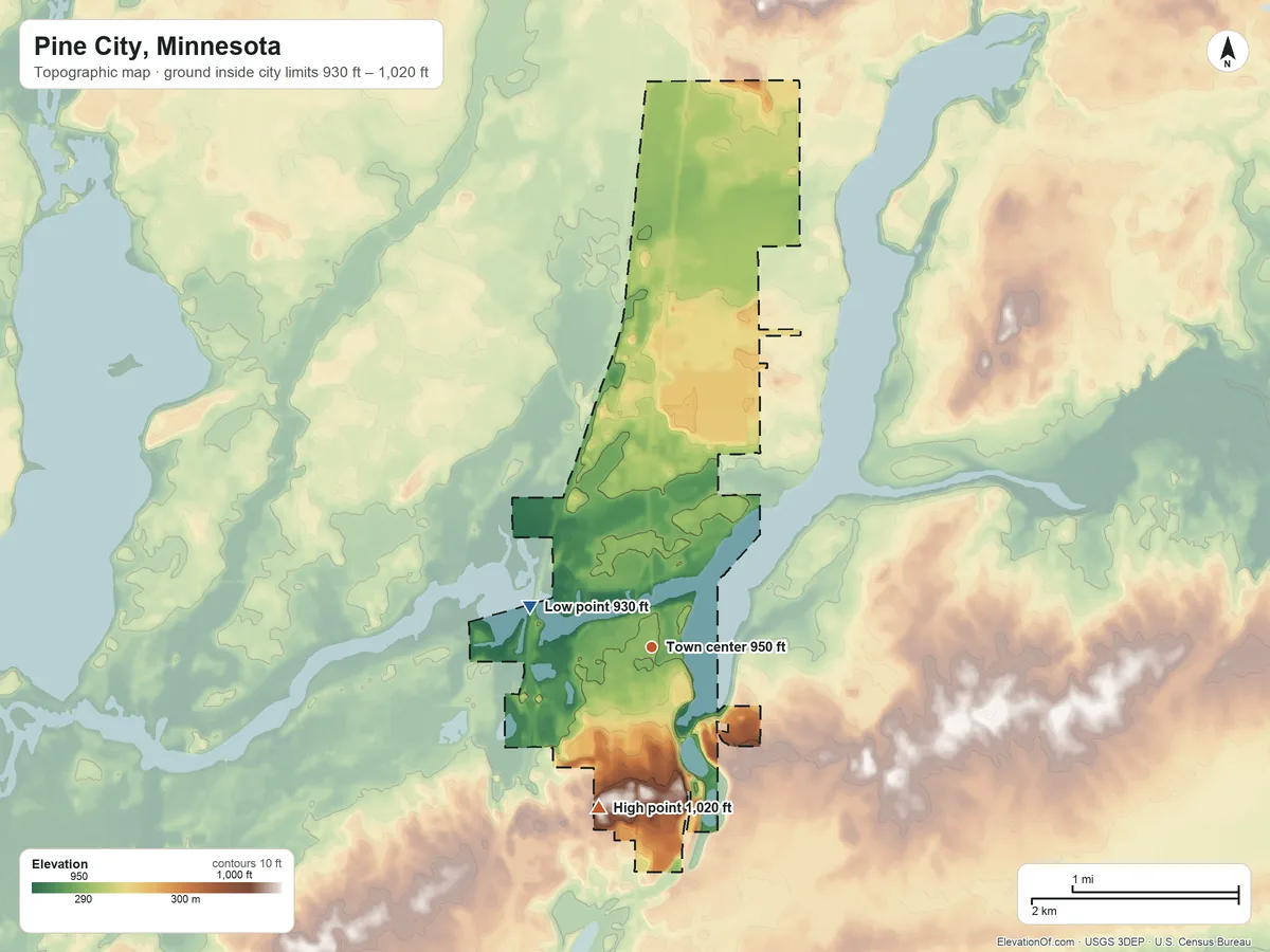 Topographic elevation map of Pine City, Minnesota, shaded from 930 ft on the west side to 1,020 ft on the south side