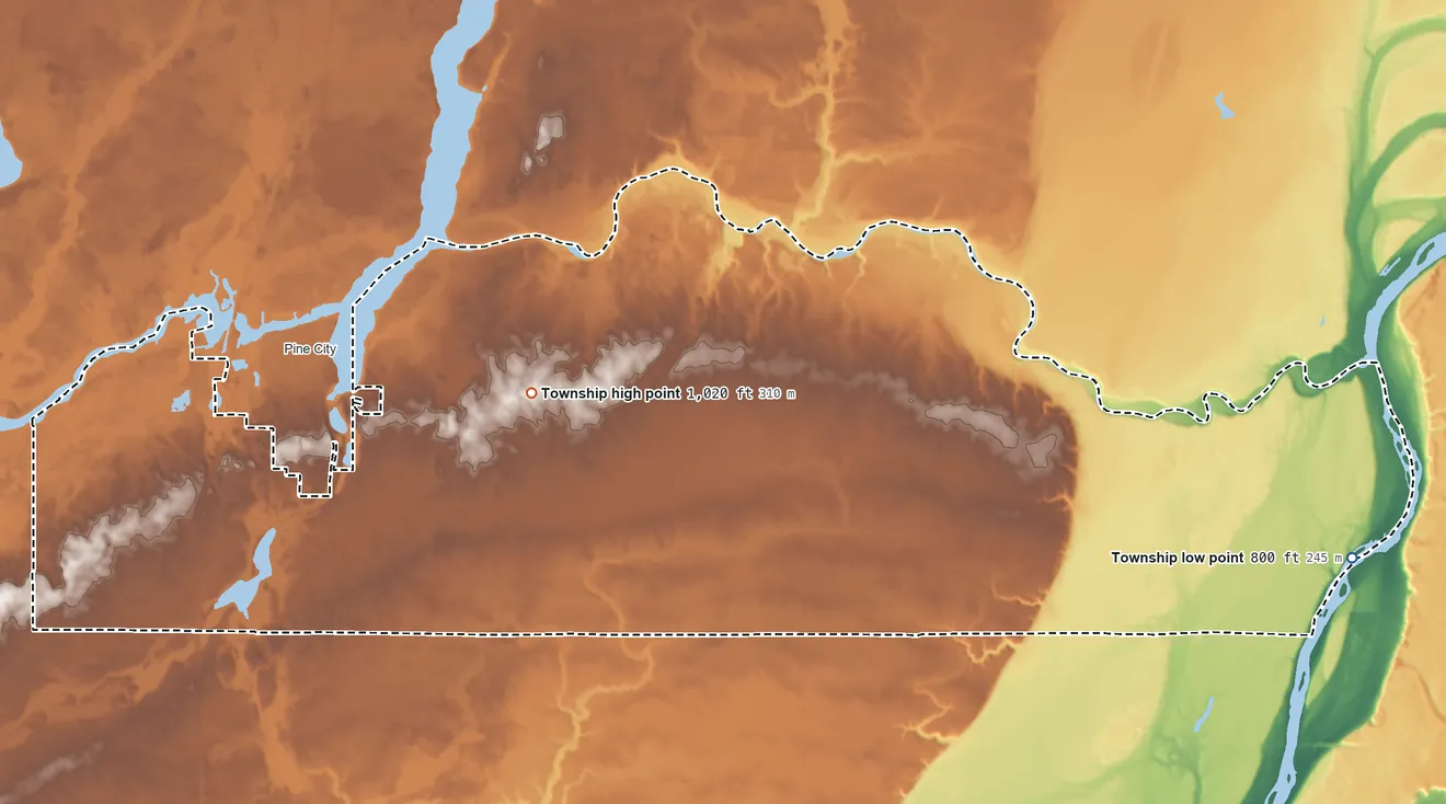 Topographic elevation map of Pine City Township, Minnesota, shaded from 800 ft on the east side to 1,020 ft near the middle