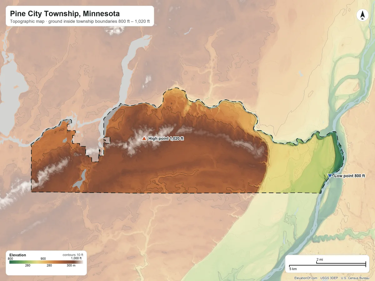 Topographic elevation map of Pine City Township, Minnesota, shaded from 800 ft on the east side to 1,020 ft near the middle