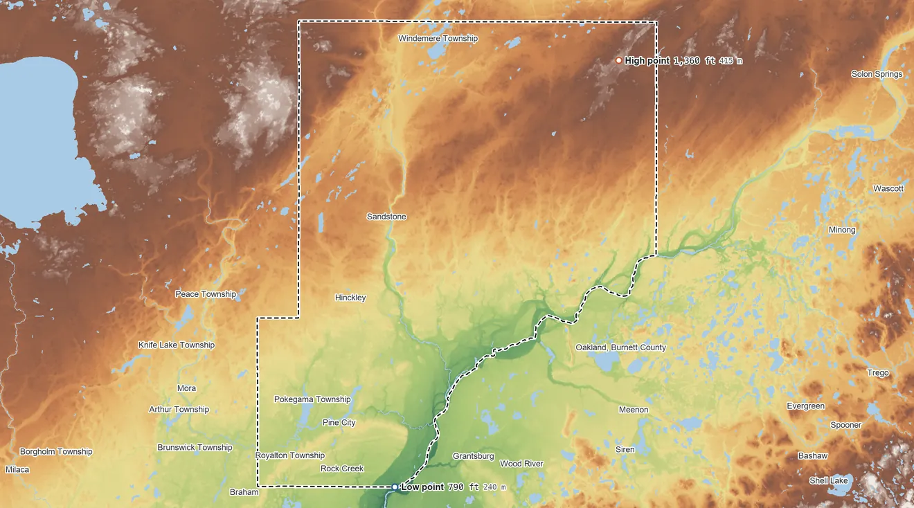 Topographic elevation map of Pine County, Minnesota, shaded from 790 ft on the south side to 1,360 ft on the northeast side