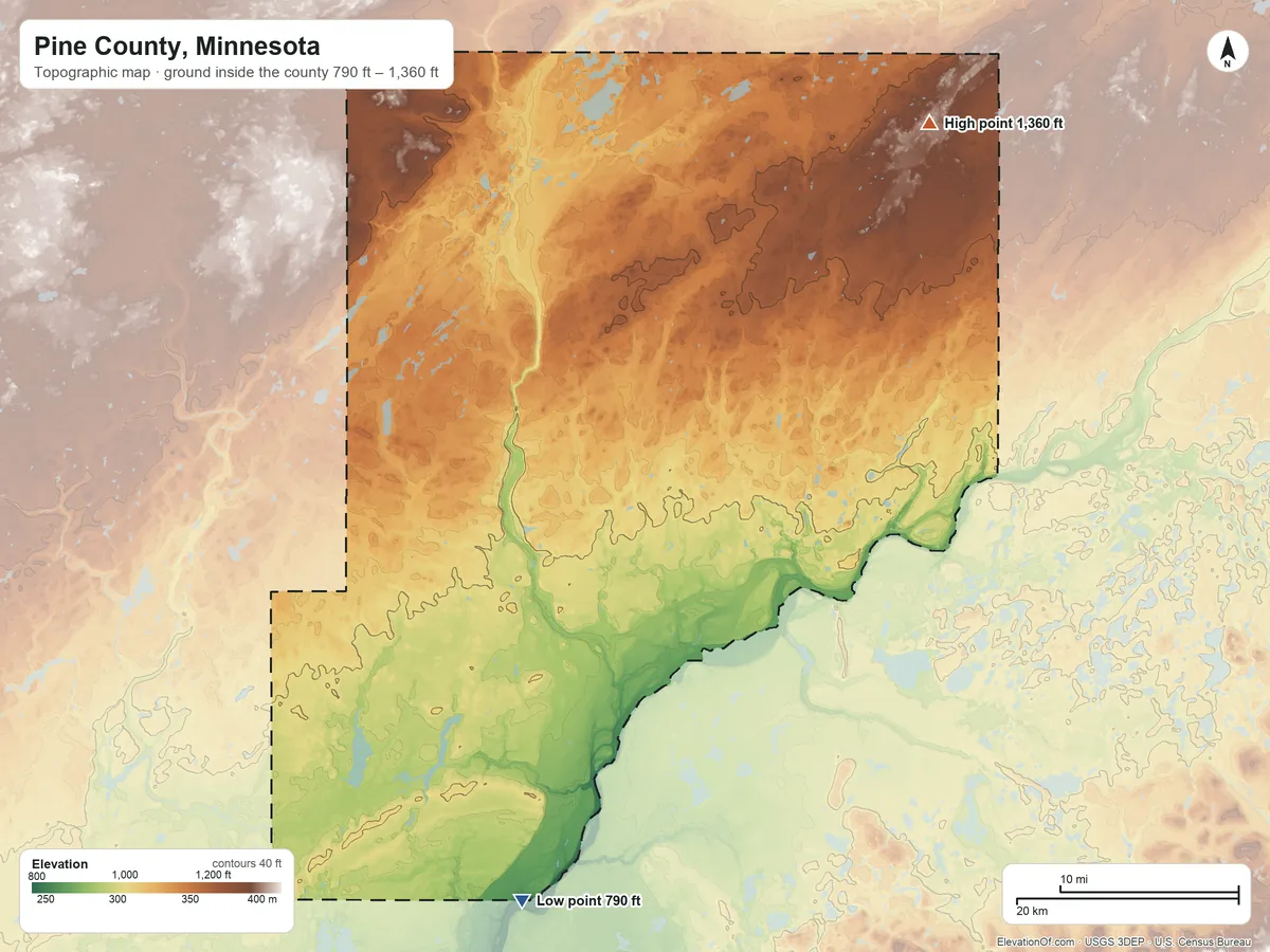 Topographic elevation map of Pine County, Minnesota, shaded from 790 ft on the south side to 1,360 ft on the northeast side