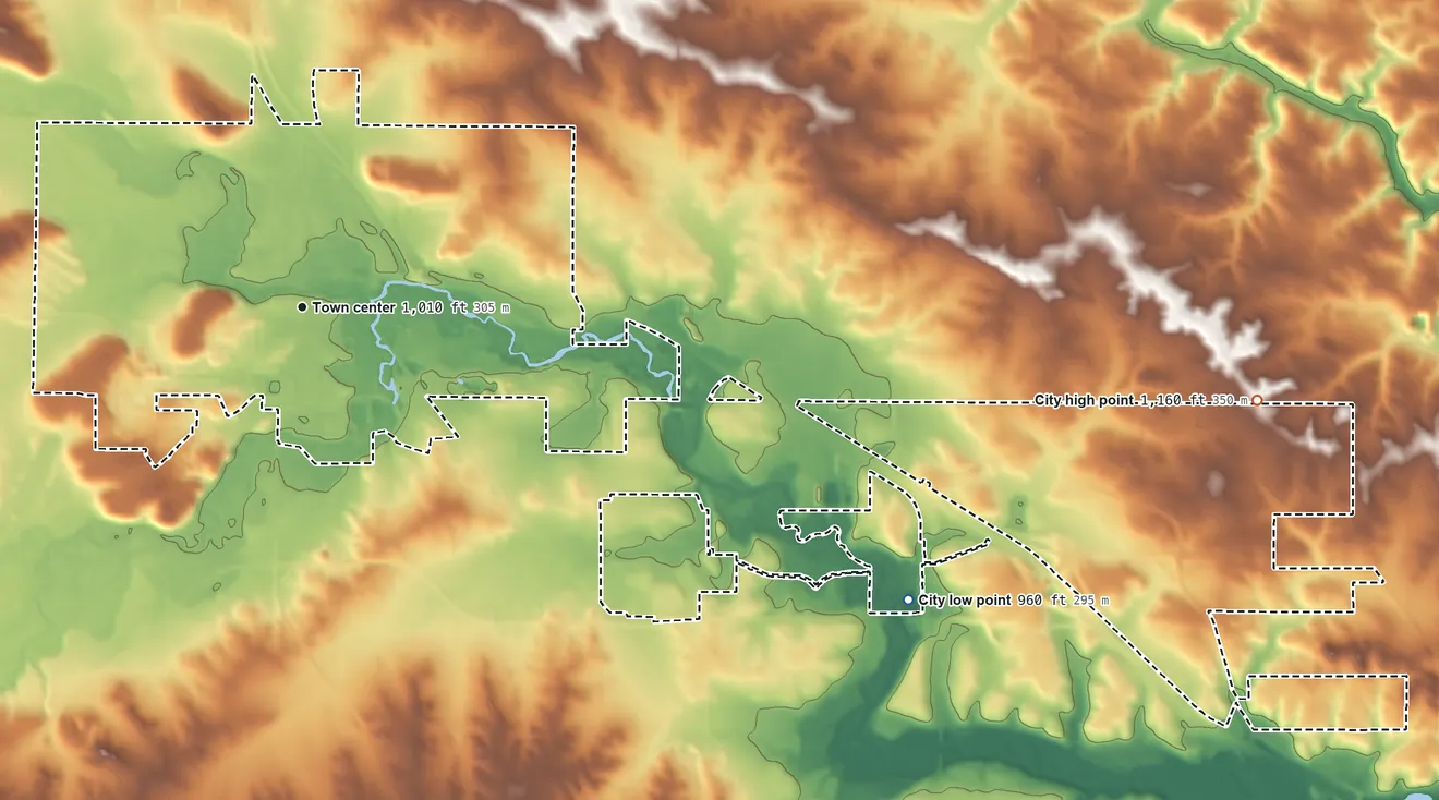 Topographic elevation map of Pine Island, Minnesota, shaded from 960 ft on the southeast side to 1,160 ft on the east side