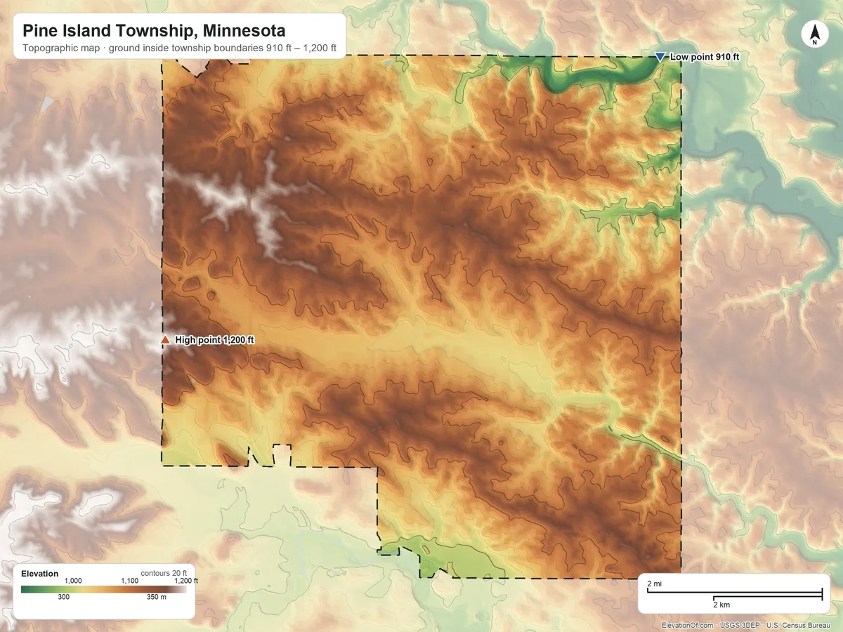 Topographic elevation map of Pine Island Township, Minnesota, shaded from 910 ft on the northeast side to 1,200 ft on the west side