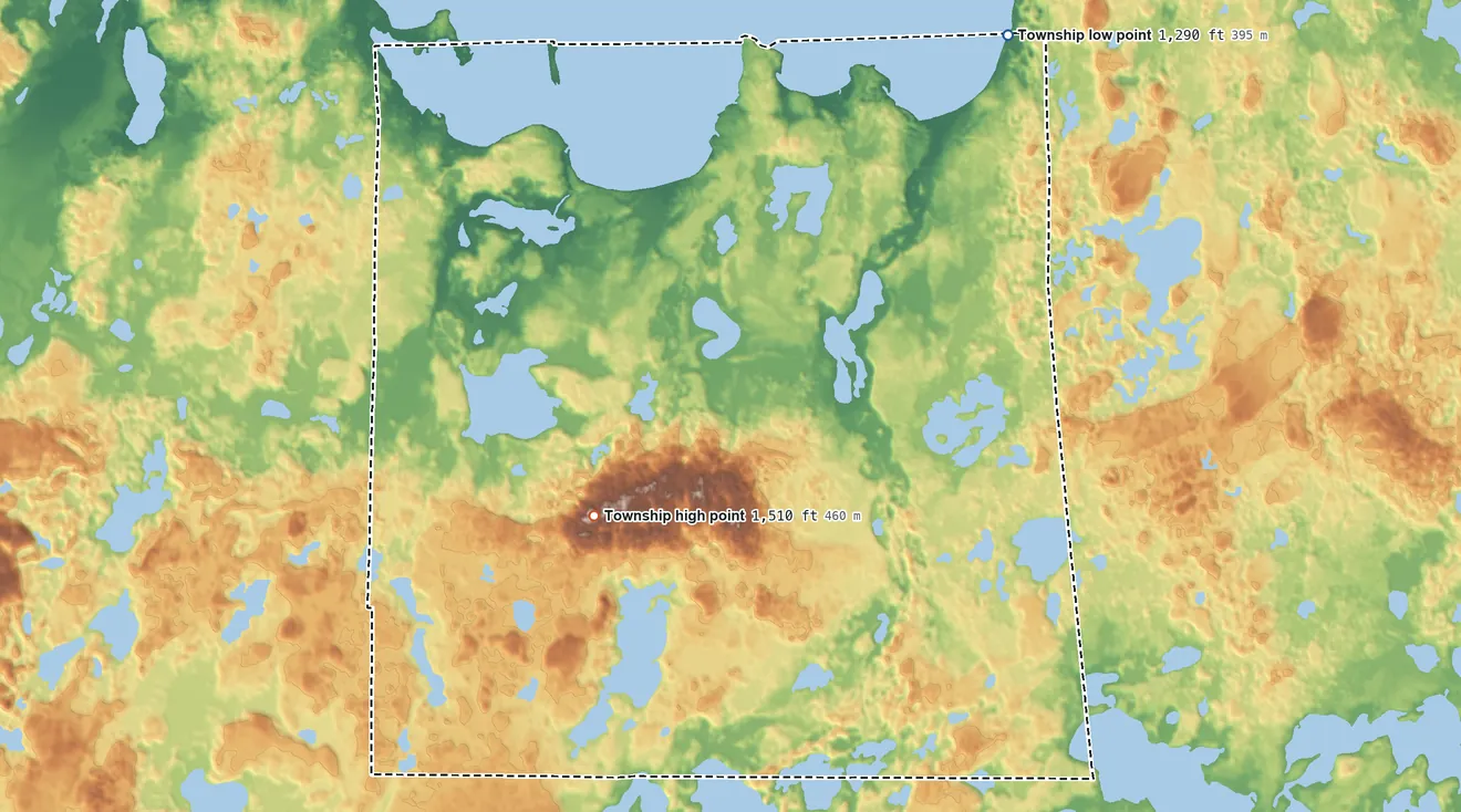 Topographic elevation map of Pine Lake Township, Cass County, Minnesota, shaded from 1,290 ft on the northeast side to 1,510 ft on the southwest side